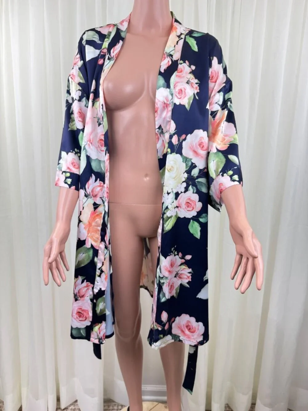 Turquaz Carmen Floral Satin Kimono Robe Navy Blue Rose Wrap Tie Waist Sz LG